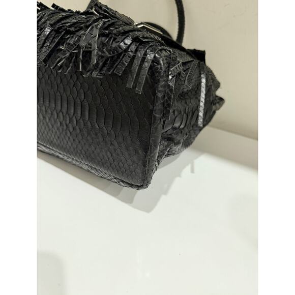 Studio LX Fringe Birkin Snake Black Leather Textured Satchel Handbag - Picture 6 of 11